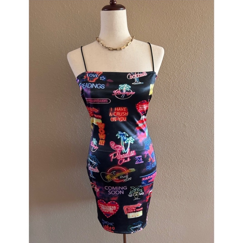 Satin Vegas neon sign fitted dress